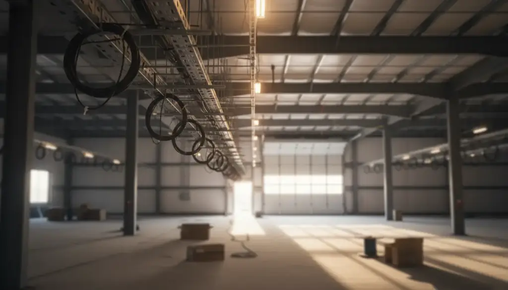 High-bay lights burning along the steel deck of a commercial building during its electrical fit-out